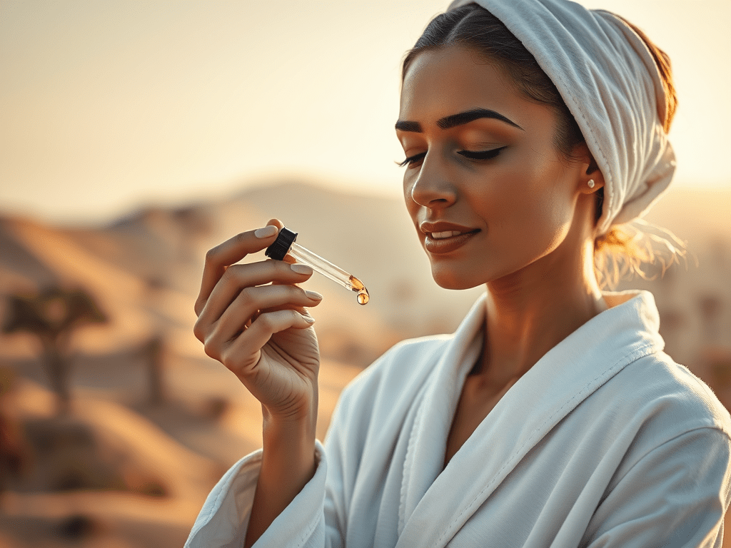 A woman in a white robe and headscarf holds a dropper bottle of Argan oil, gazing thoughtfully in a desert landscape.