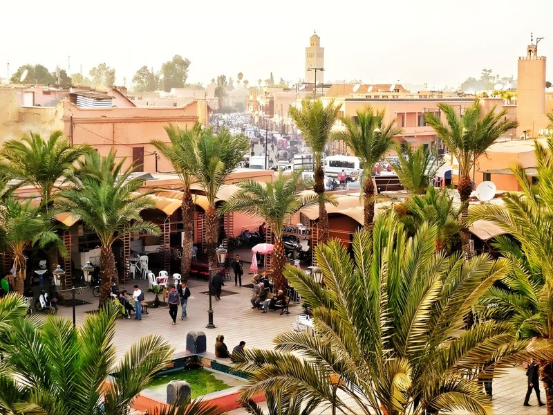 A bustling scene in Marrakesh featuring palm trees, outdoor seating areas, and rooftops of traditional buildings, with the minaret of a mosque visible in the background under a warm sky.