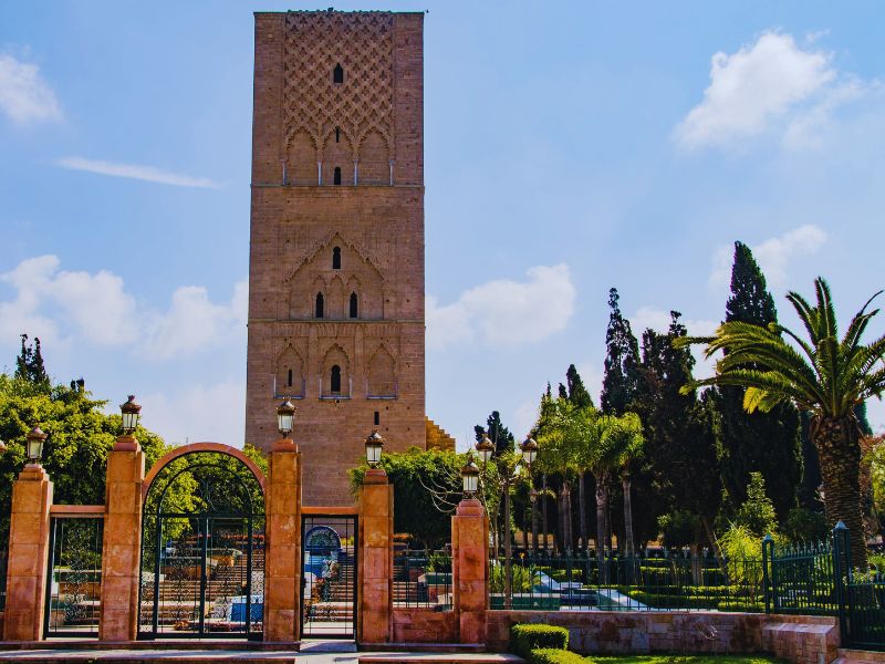 Hassan Tower, an ancient minaret in Rabat, Morocco, showcasing intricate stone carvings and surrounded by lush greenery and palm trees.