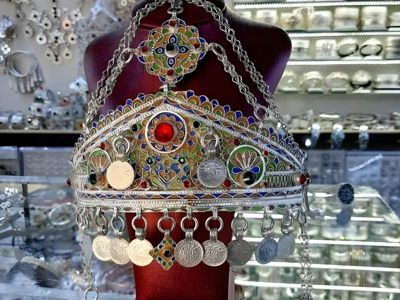 A colorful Moroccan jewelry piece featuring intricate silver filigree and decorative stones, displayed prominently on a mannequin with other jewelry pieces in the background.