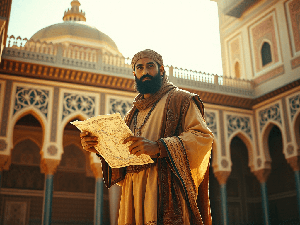 A man dressed in traditional Moroccan attire holds a detailed map, standing in a historical architectural setting with intricate designs and domes in the background.