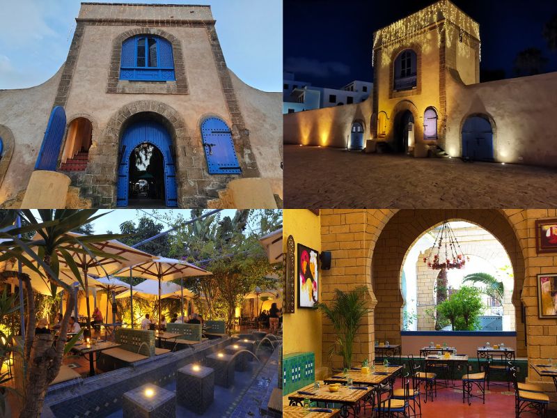 The exterior of the historic Sqala fortress in Casablanca, showcasing its blue doors and traditional Moroccan architecture.