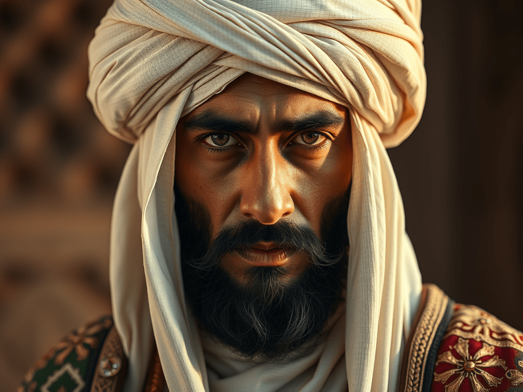Close-up portrait of a man wearing traditional Moroccan attire with a turban, showcasing intense facial expression against a blurred architectural background.