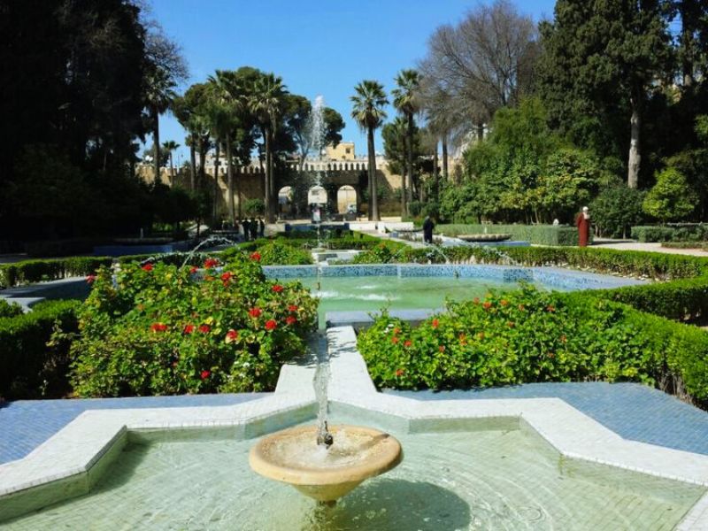 A scenic view of Jnane Sbil Garden in Fez, showcasing geometric pathways, vibrant flower beds, and serene water features, with visitors and palm trees in the background.