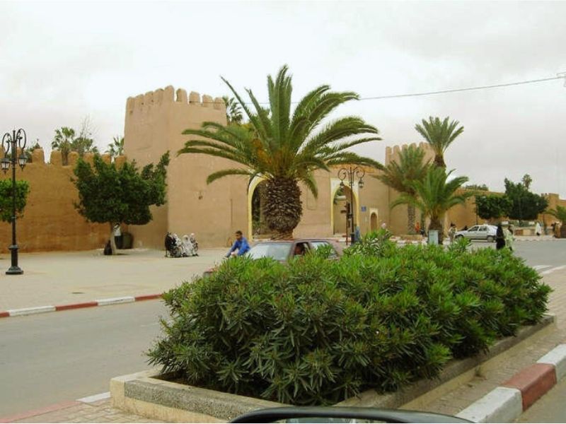 A view of the entrance to Tiznit, Morocco, showcasing its traditional architecture, with palm trees in the foreground and historic walls in the background.