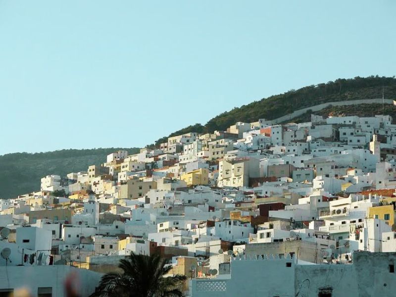 A panoramic view of the hillside houses in Tetouan, Morocco, showcasing the characteristic whitewashed buildings under a clear blue sky.