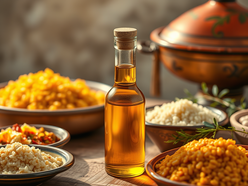 A bottle of argan oil is placed in front of various bowls filled with Moroccan ingredients such as grains, spices, and vegetables, highlighting the culinary significance of argan oil in Moroccan cuisine.