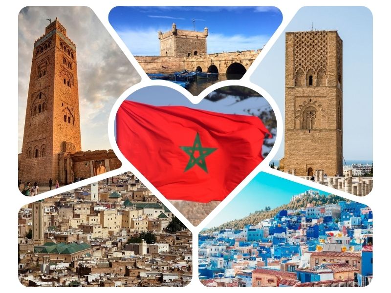 Collage of iconic Moroccan landmarks, including the Koutoubia Mosque in Marrakech, historic ramparts in Essaouira, Hassan Tower in Rabat, a vibrant blue cityscape of Chefchaouen, and a panoramic view of Fez, with the Moroccan flag in the center.