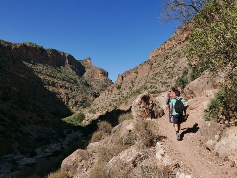 A group of hikers walking along a dirt path in the Zegzel Gorge, surrounded by steep limestone cliffs and green vegetation under a clear blue sky.