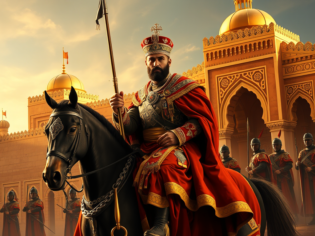 A majestic figure in royal attire rides a black horse, holding a spear, with a grand architectural backdrop featuring domes and arches.
