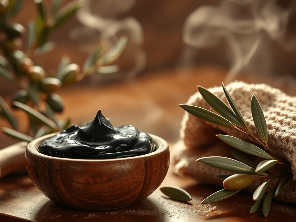 A wooden bowl filled with dark Moroccan Black Soap, surrounded by olive leaves and a textured cloth, creating a serene and natural skincare setting.