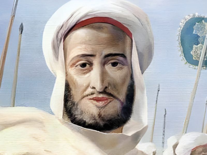 Portrait of Moulay Ali Cherif, the first recognized leader of the Alawite Dynasty in Morocco, depicted with traditional attire and a serene expression against a background featuring spears.