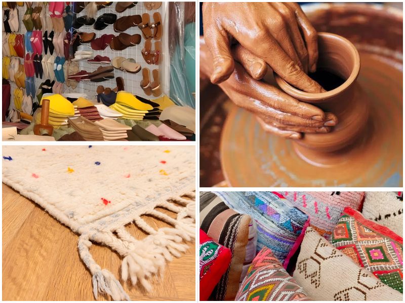 A collection of colorful leather slippers displayed on a wall, showcasing various styles and colors typical of Oujda craftsmanship.