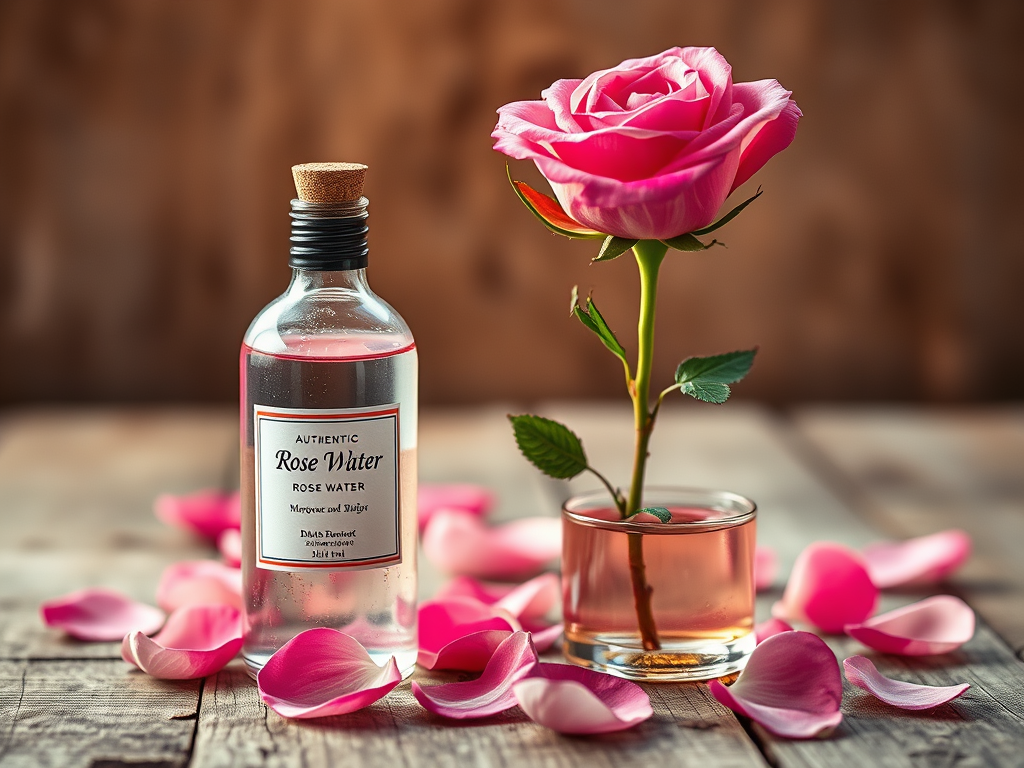 A bottle of authentic rose water sits on a wooden surface, accompanied by a blooming pink rose in a glass vase, surrounded by scattered rose petals.