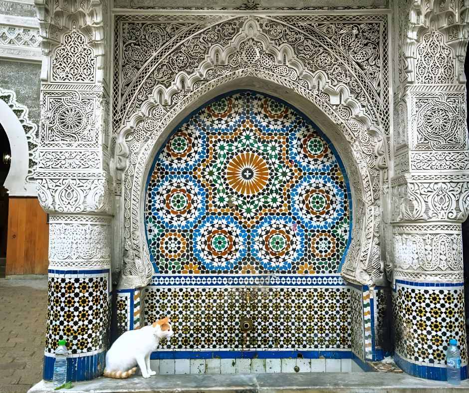 A decorative Moroccan fountain featuring intricate zellige tilework in vibrant colors, set against an ornate archway, with a white cat sitting nearby.