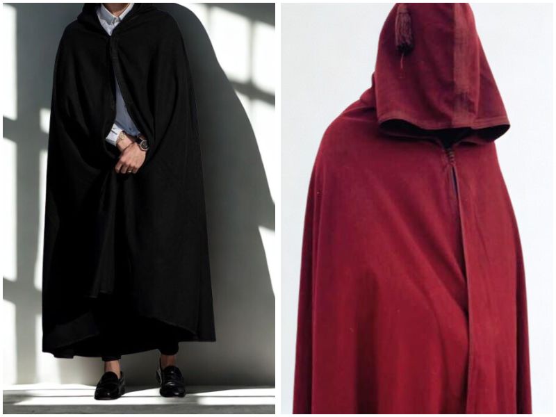 A black Selham cloak worn by a man stands on the left, while a red Selham cape is displayed on the right. Both feature signature pointed hoods and are showcased in a contemporary setting.