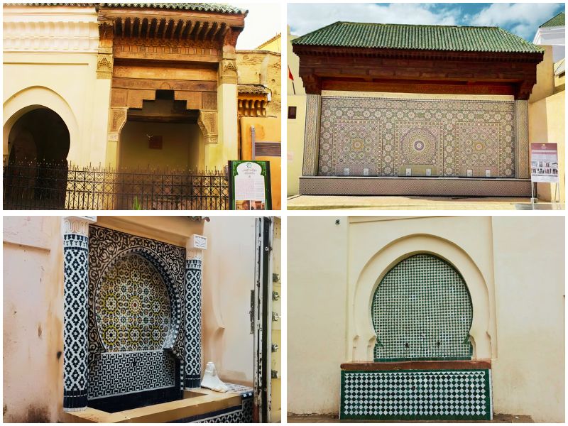 A collage of historic public fountains (_Saqqayas_) in Morocco featuring intricate tilework and architectural details.