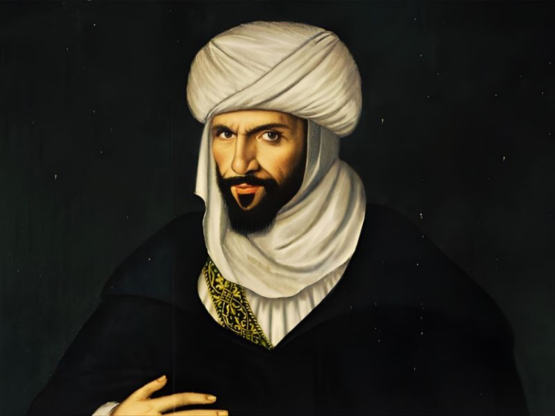 Portrait of a man wearing a turban and traditional attire, with a serious expression and a detailed collar design.