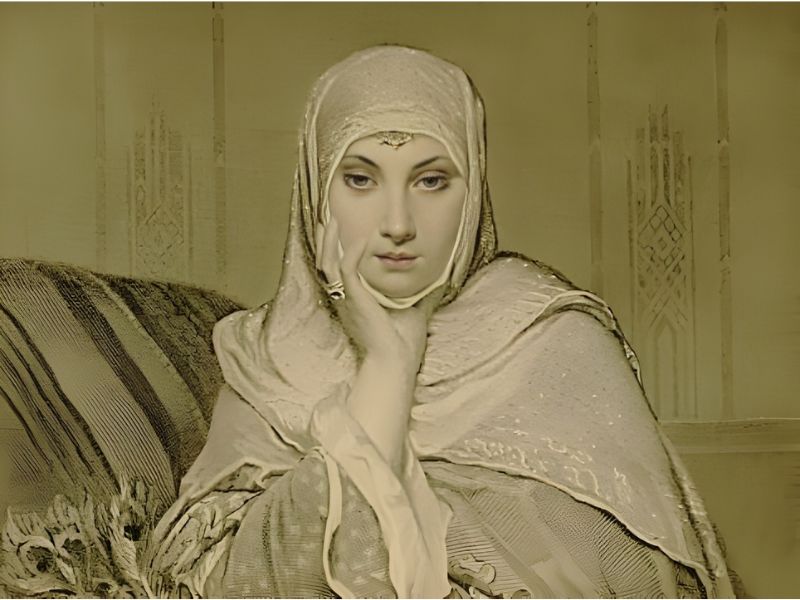 A woman in traditional attire, seated thoughtfully with a hand on her face, conveying a sense of contemplation and grace.