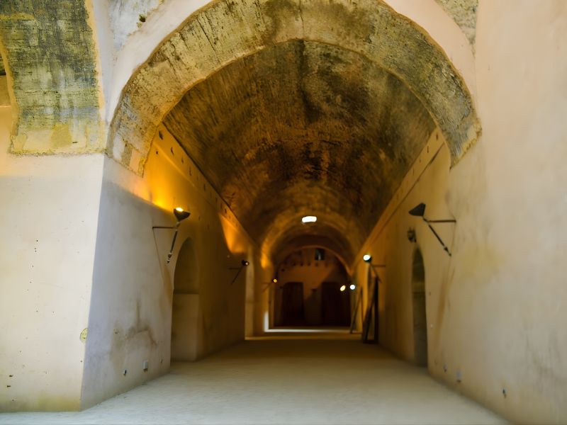 An arched corridor with textured stone walls and soft lighting, leading to darker doorways at the end.