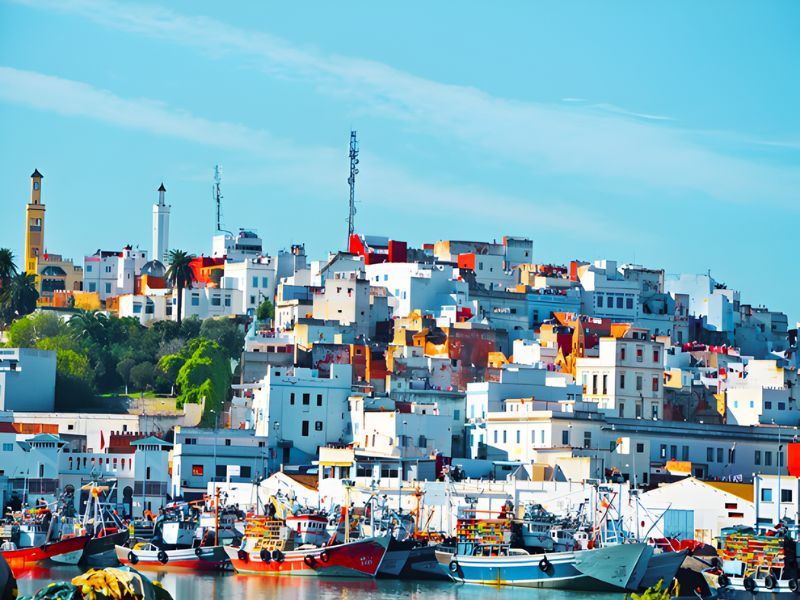 A vibrant coastal view showcasing colorful buildings on a hill, with fishing boats in the foreground and a clear blue sky.
