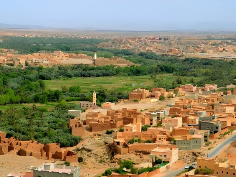 Aerial view of a desert town with traditional mud-brick buildings, surrounded by lush greenery and agricultural fields. The landscape features distant mountains and clear blue skies.