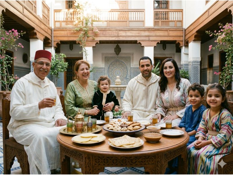 A multi-generational family gathering in a Moroccan courtyard, seated around a table filled with traditional dishes and drinks, smiling and enjoying each other's company.