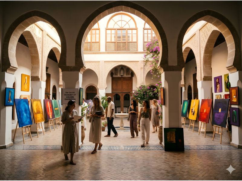 A courtyard exhibition featuring colorful paintings displayed on easels, with visitors walking around and admiring the art in a beautiful architectural setting.