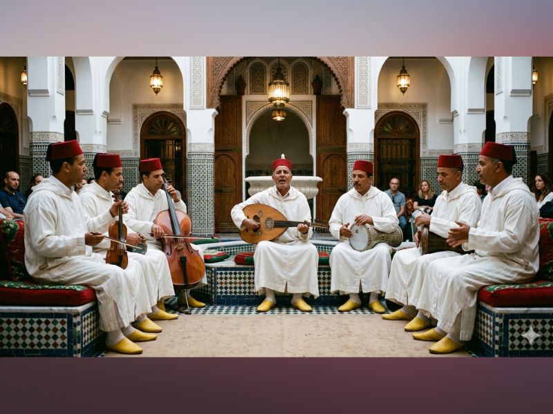 A group of musicians dressed in traditional white garments and red fezes perform in a Moroccan venue, playing stringed instruments and an oud in a beautifully decorated room.