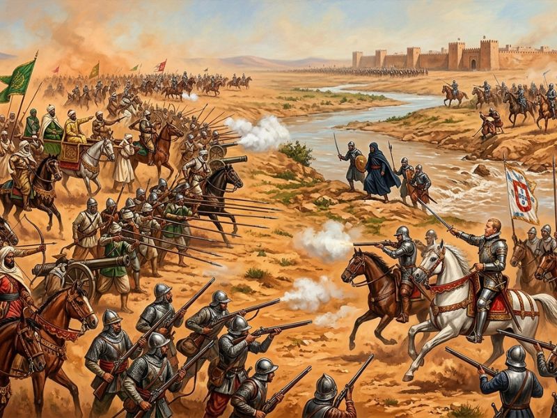 A historical battle scene depicting soldiers on horseback in armor, infantry with spears, and a river running through the landscape, set against the backdrop of a fortress.