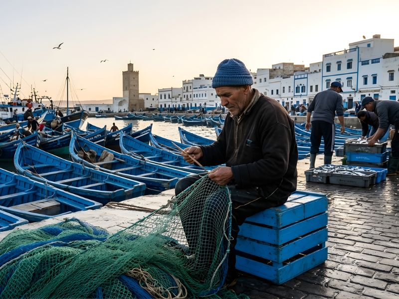 An elderly man sitting on a blue crate, mending fishing nets at a harbor with blue fishing boats in the background during sunrise.