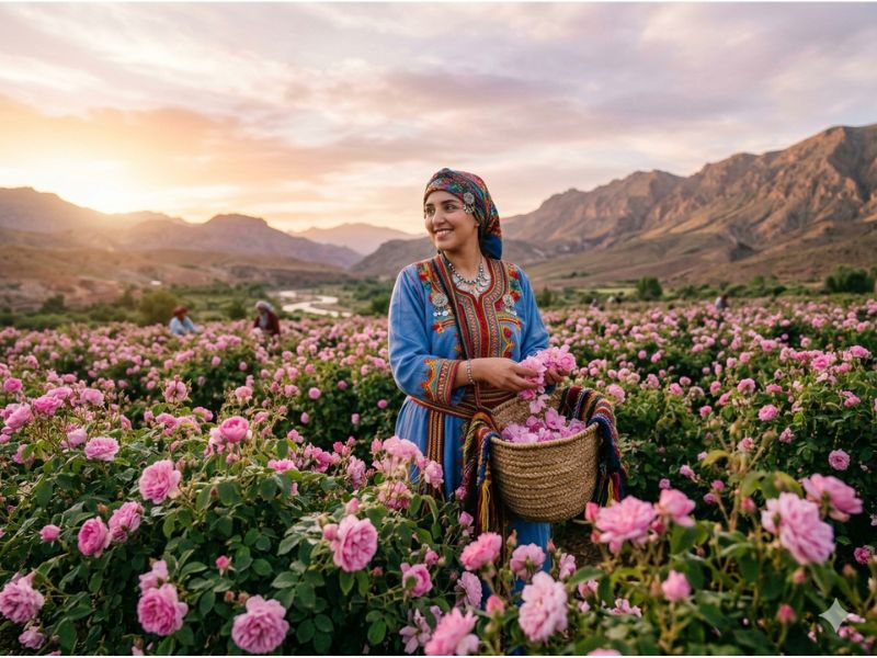 A woman in traditional attire holding a basket of pink roses while standing in a blooming rose field at sunrise, with mountains in the background.