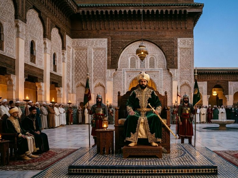A man dressed in royal robes sits on an ornate throne in a grand hall with guards and attendants standing nearby