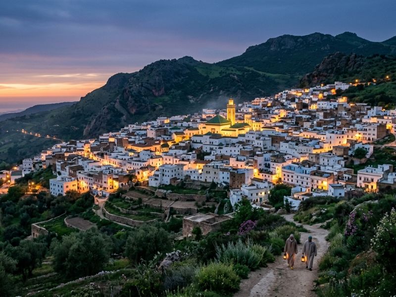 Moroccan hillside town at twilight with lit buildings and two people walking on a path