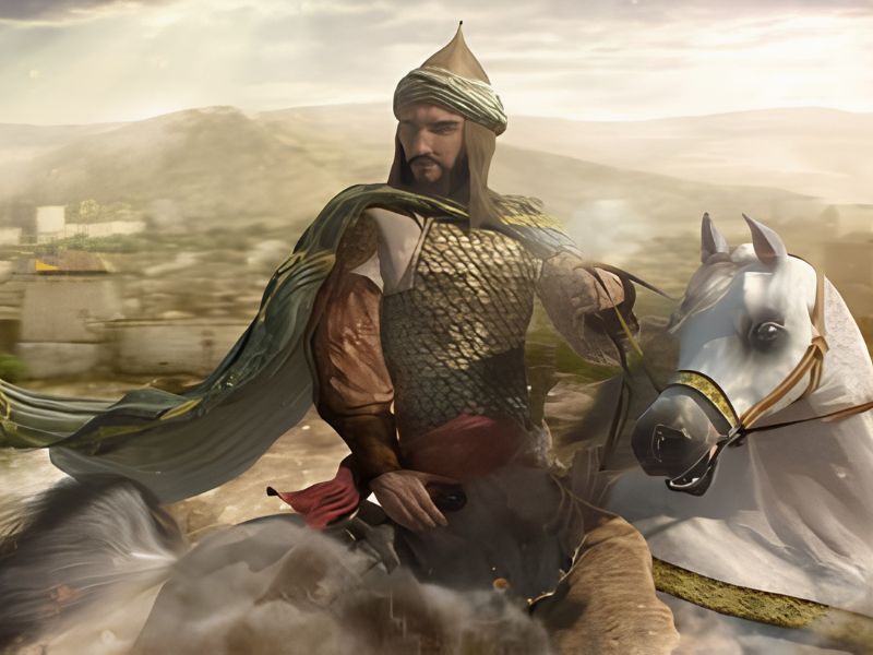 A warrior wearing armor and a turban riding a white horse, with a cityscape and hills in the background