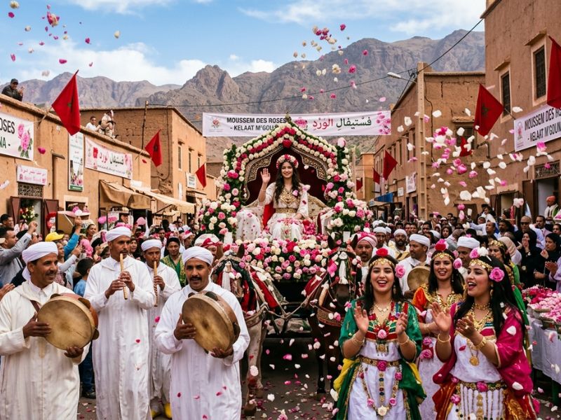 People celebrating the Moussem des Roses festival in Kelaat M'Gouna, Morocco, with a woman waving from a flower-covered carriage, musicians playing drums and flutes, and flower petals falling
