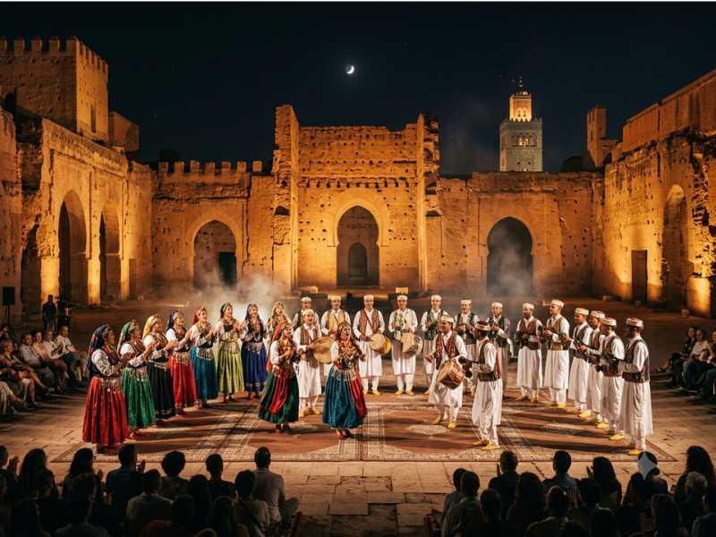 Group of performers in traditional clothing dancing and playing drums inside an ancient stone courtyard with an audience seated around